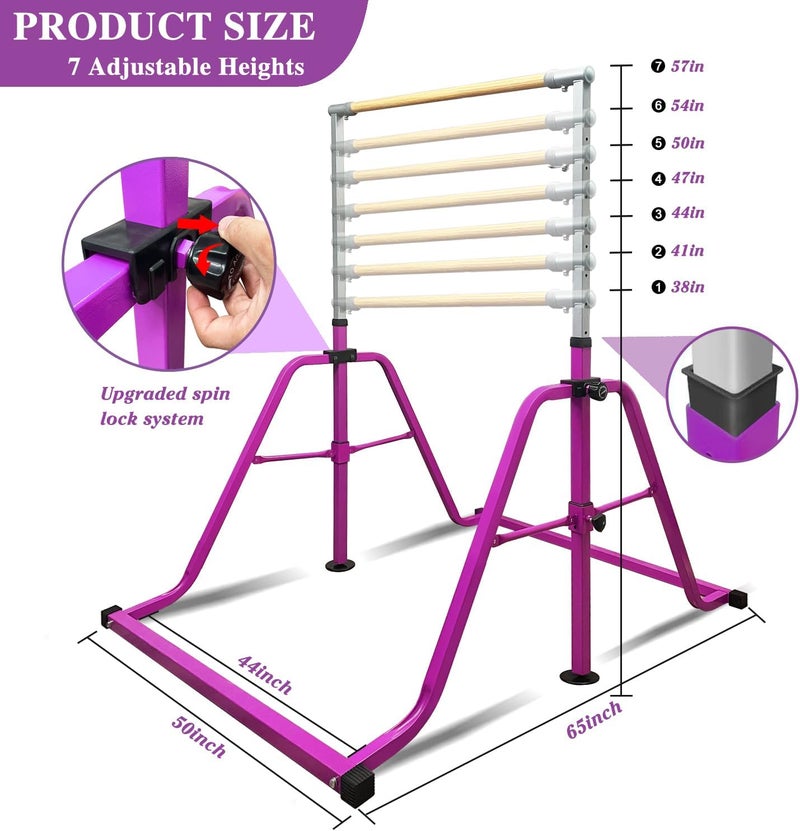 kechery Foldable & Moveable Gymnastics Horizontal Bar with Rings,3’to 5’Adjustable Height Expandable Junior Kip Bar for Home,Indoor Gym Equipment for Kids - Image 3